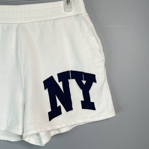 Zara NY Varsity Sweat Shorts White Navy Blue Elastic Waistband High Waist Size L - Picture 4 of 11